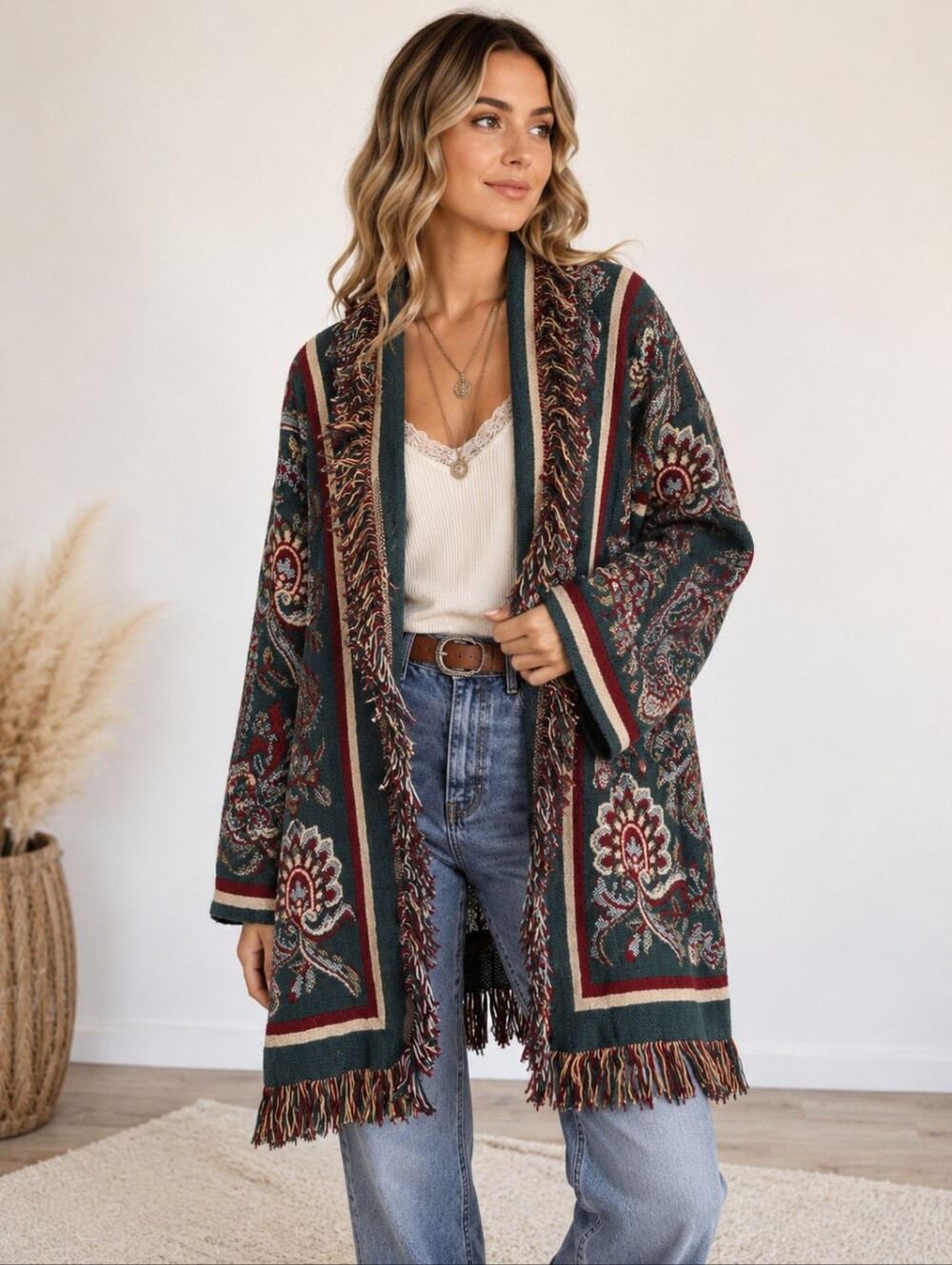 Handmade Tapestry Jacket Boho Paisley Fringe Oversized